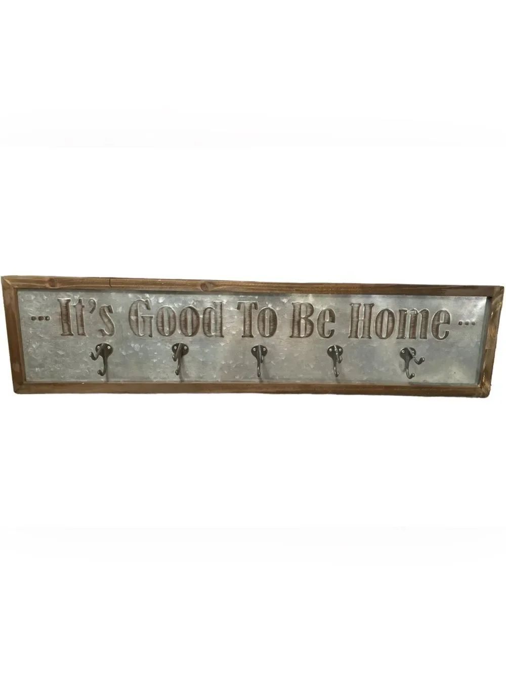 Rustic "It's Good To Be Home" Metal Wall Hook Rack - Brown & Silver (31”x 8”)